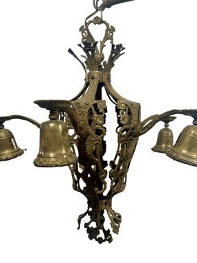 Antique Art Deco Floral Motif Ornate Brass 4 Arm Chandelier